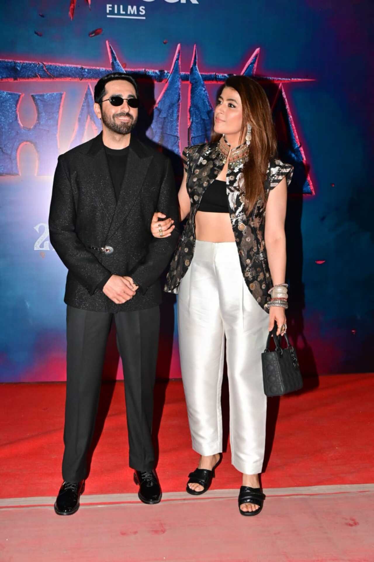 Ayushmann Khurrana arrived with wife Tahira Kashyap at the Thamma screening. The actor looked dapper in an all-black outfit.